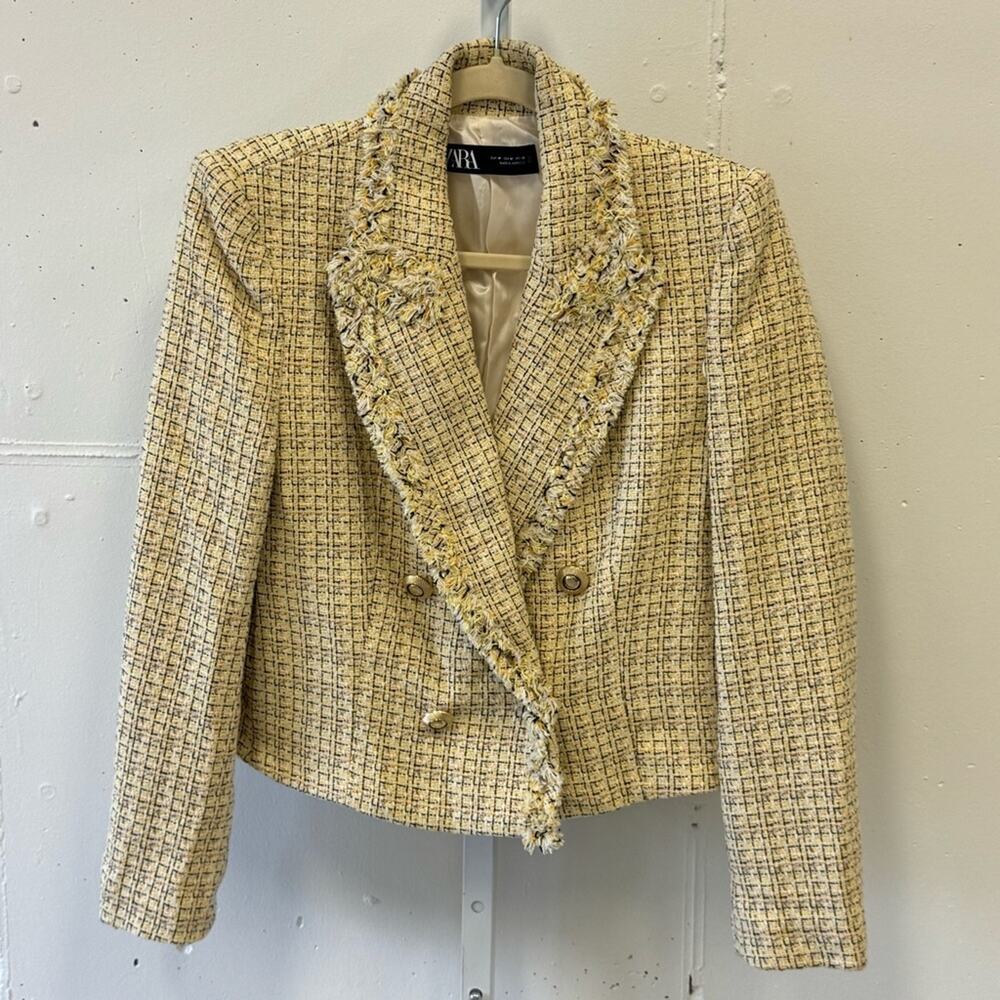 Zara Tweed Fringe Double Breasted Classic Blazer Checkered Medium 2460/137/330